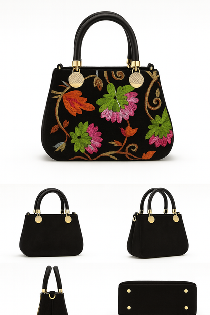 Miyaara Black Velvet Floral Embroidered Handbag