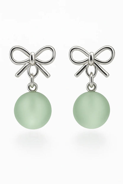 Miyaara Silver Bow Green Drop Earrings - Miyaara