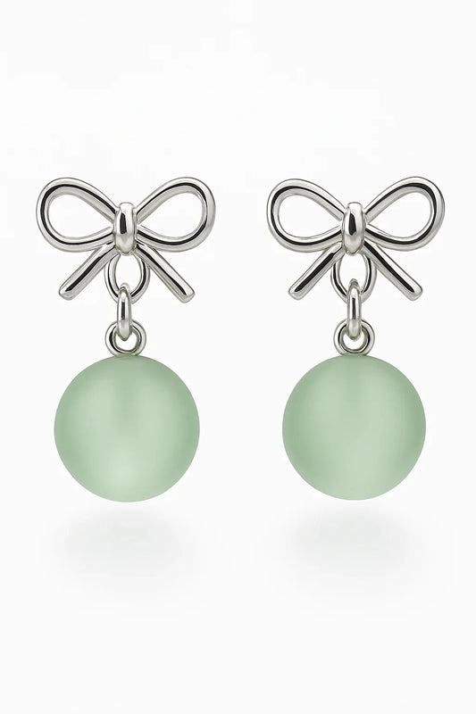 Miyaara Silver Bow Green Drop Earrings - Miyaara