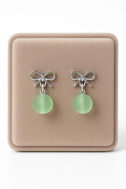 Miyaara Silver Bow Green Drop Earrings - Miyaara