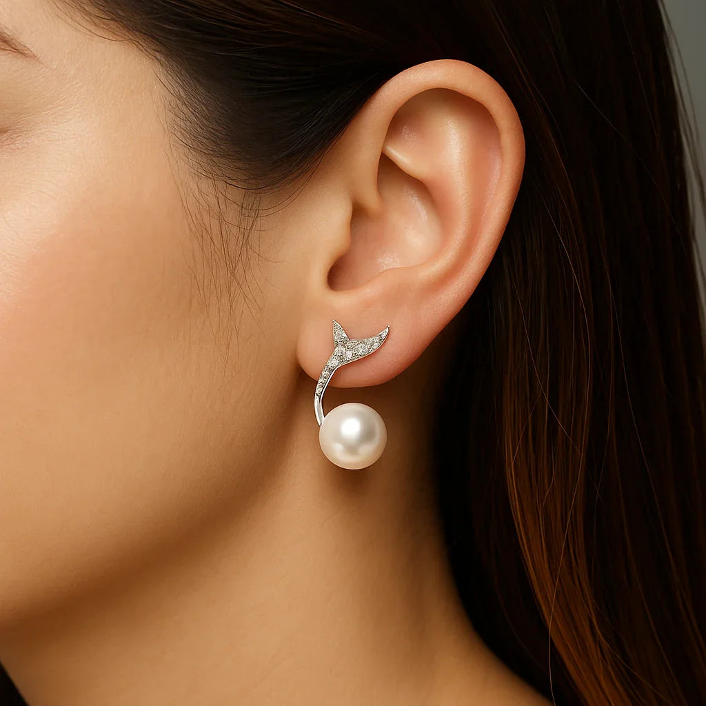 Miyaara Pearl & Crystal Whale Tail Earrings - Miyaara