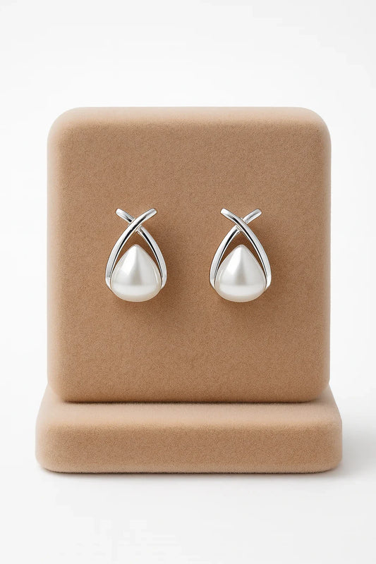Miyaara Silver Teardrop Pearl Stud Earrings - Miyaara