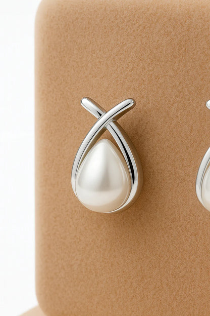 Miyaara Silver Teardrop Pearl Stud Earrings - Miyaara