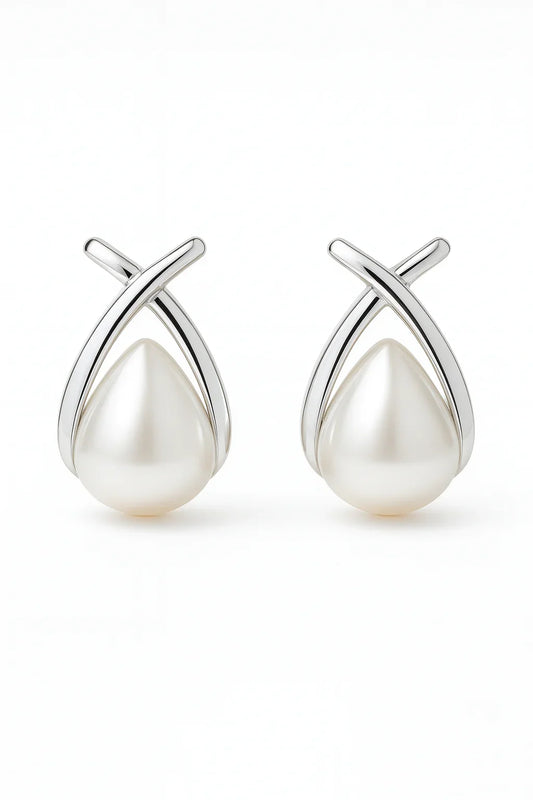 Miyaara Silver Teardrop Pearl Stud Earrings - Miyaara