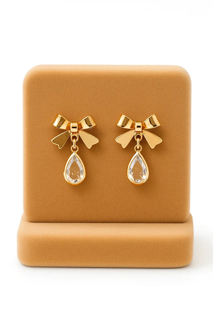 Miyaara Gold Bow Drop Earrings with Crystal Teardrop