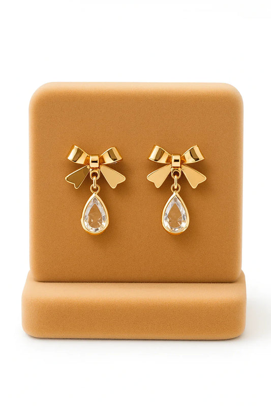 Miyaara Gold Bow Drop Earrings with Crystal Teardrop