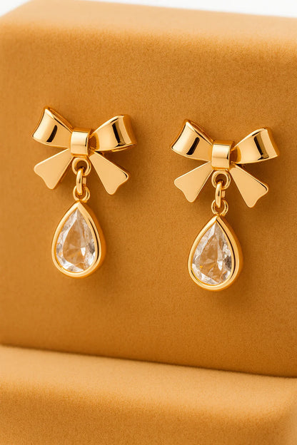 Miyaara Gold Bow Drop Earrings with Crystal Teardrop