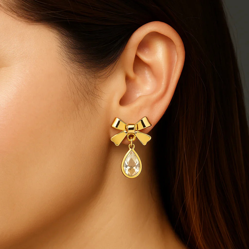Miyaara Gold Bow Drop Earrings with Crystal Teardrop
