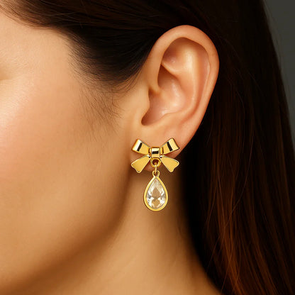 Miyaara Gold Bow Drop Earrings with Crystal Teardrop