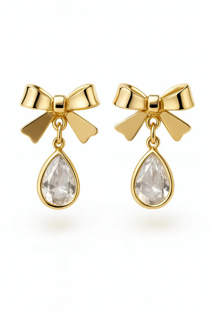 Miyaara Gold Bow Drop Earrings with Crystal Teardrop