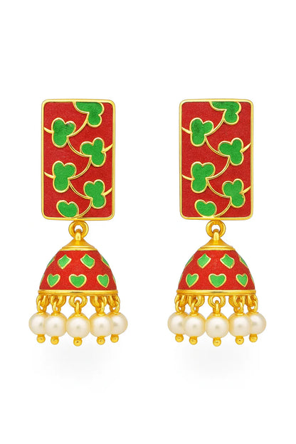 Miyaara Red & Green Enamel Jhumka Earrings with Pearl Drops