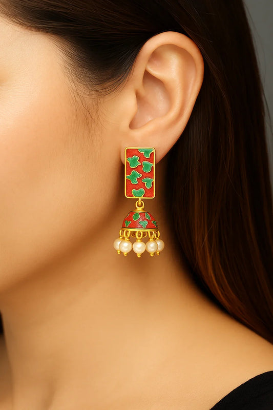 Miyaara Red & Green Enamel Jhumka Earrings with Pearl Drops