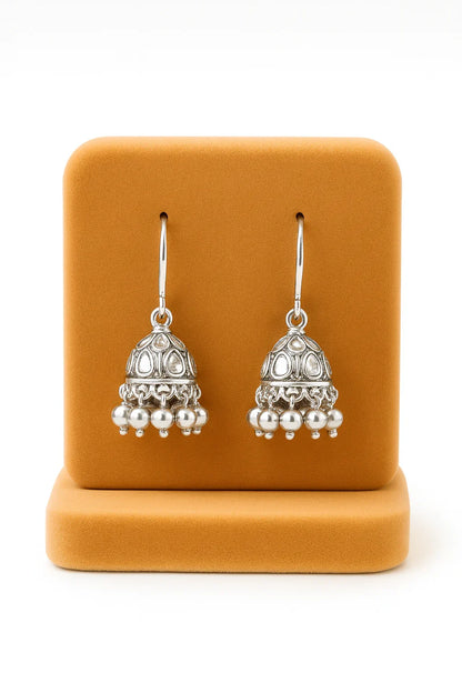 Miyaara Silver Oxidized Jhumka Earrings with Pearl Drops