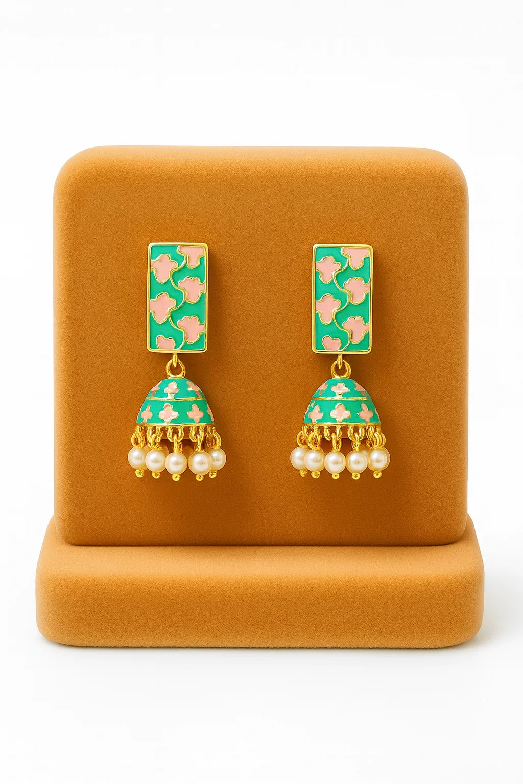 Miyaara Green & Pink Enamel Jhumka Earrings with Pearl Drops