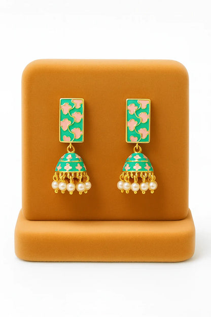 Miyaara Green & Pink Enamel Jhumka Earrings with Pearl Drops
