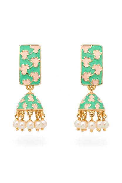 Miyaara Green & Pink Enamel Jhumka Earrings with Pearl Drops