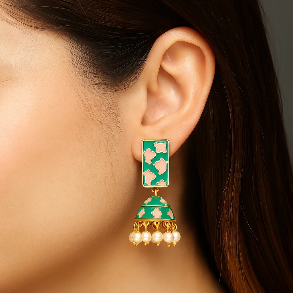 Miyaara Green & Pink Enamel Jhumka Earrings with Pearl Drops