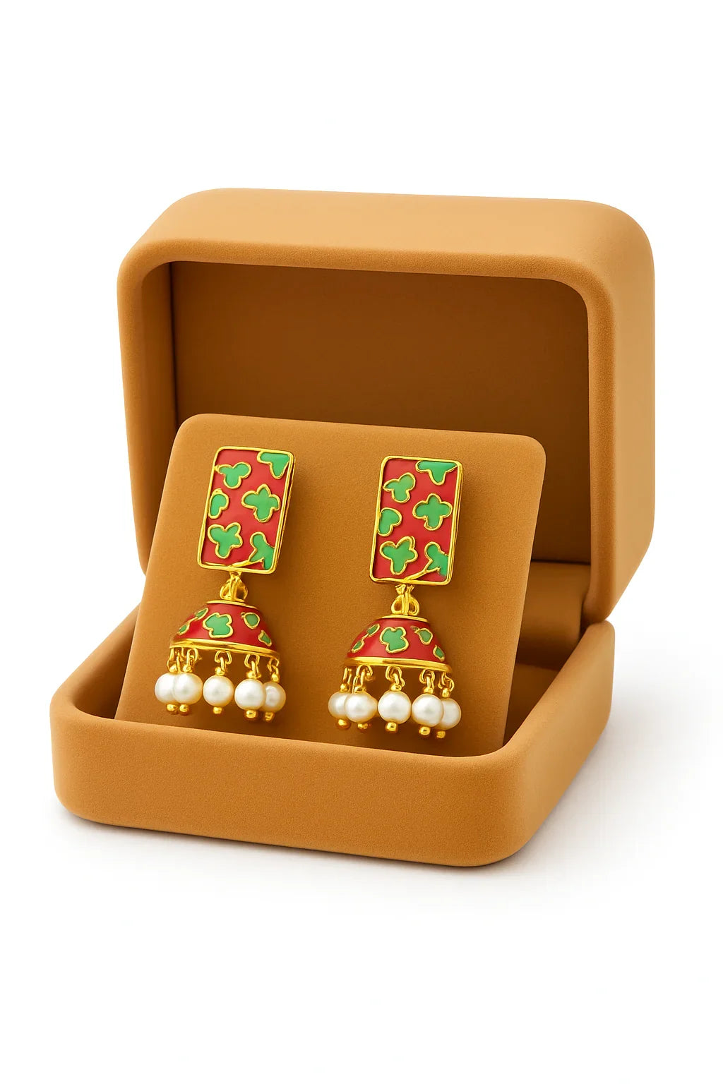 Miyaara Red & Green Enamel Jhumka Earrings with Pearl Drops