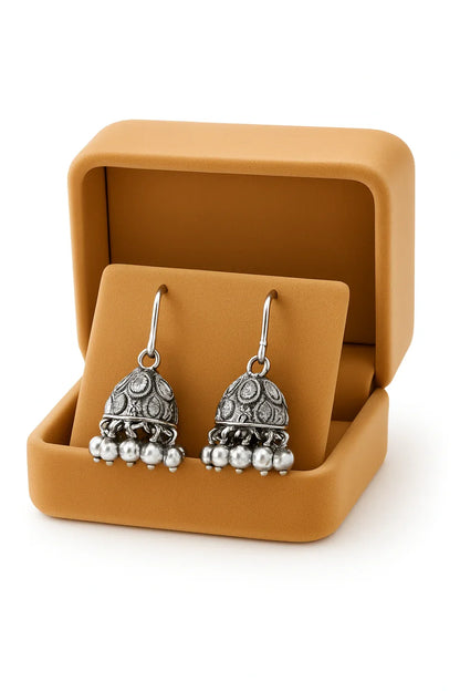 Miyaara Silver Oxidized Jhumka Earrings with Pearl Drops