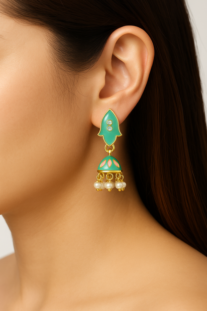 Miyaara Green Enamel Pearl Drop Earrings – Elegant Gold-Tone Jhumki