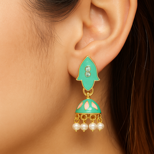 Miyaara Green Enamel Pearl Drop Earrings – Elegant Gold-Tone Jhumki