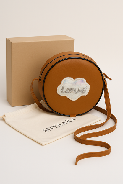Miyaara Round Tan Sling Bag with Embroidered Patch