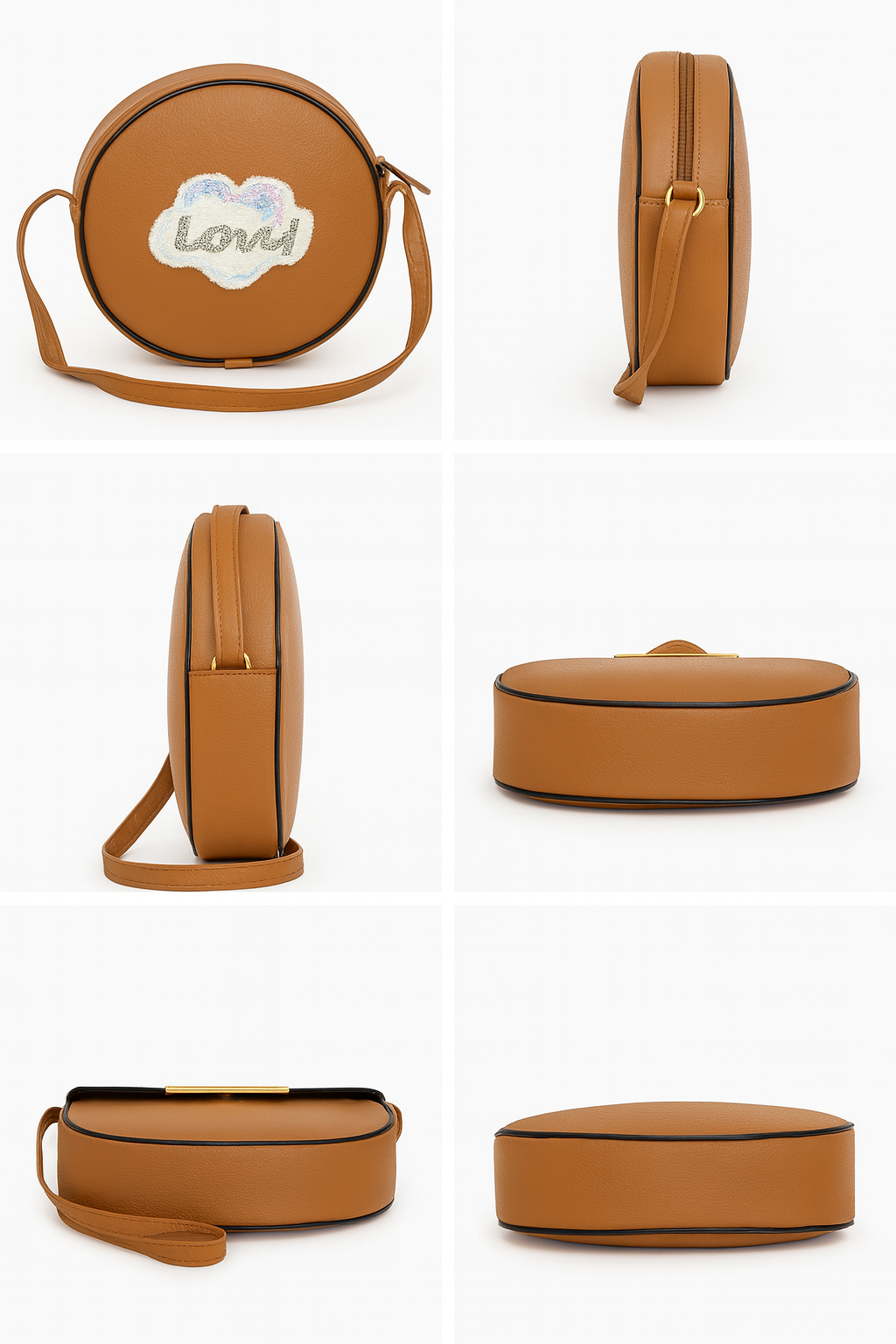 Miyaara Round Tan Sling Bag with Embroidered Patch